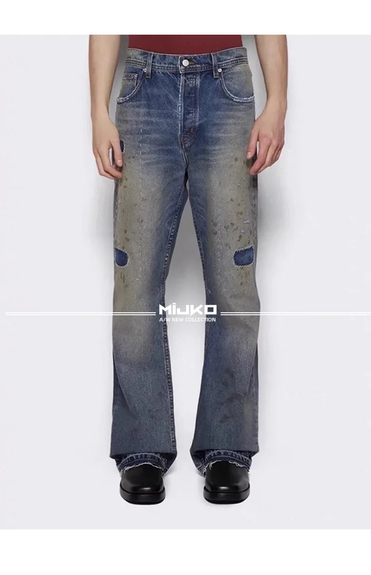 MIJKO Washed Frayed Vintage Jeans Pants Mens Straight Retro Casual Denim Trousers Cargos FJ069