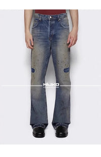 MIJKO Washed Frayed Vintage Jeans Pants Mens Straight Retro Casual Denim Trousers Cargos FJ069