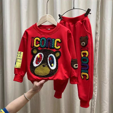 2022 Suit Set Beading Spring Autumn Baby Girls Boy Causal Cotton Cartoon Bear Top +Pants