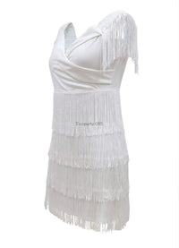 Women Evening Dresses Sexy Big V Neck One-shoulder Fringed Skirt Ladies Temperament Slim Dress Short Sleeve Club Dress Vestidos