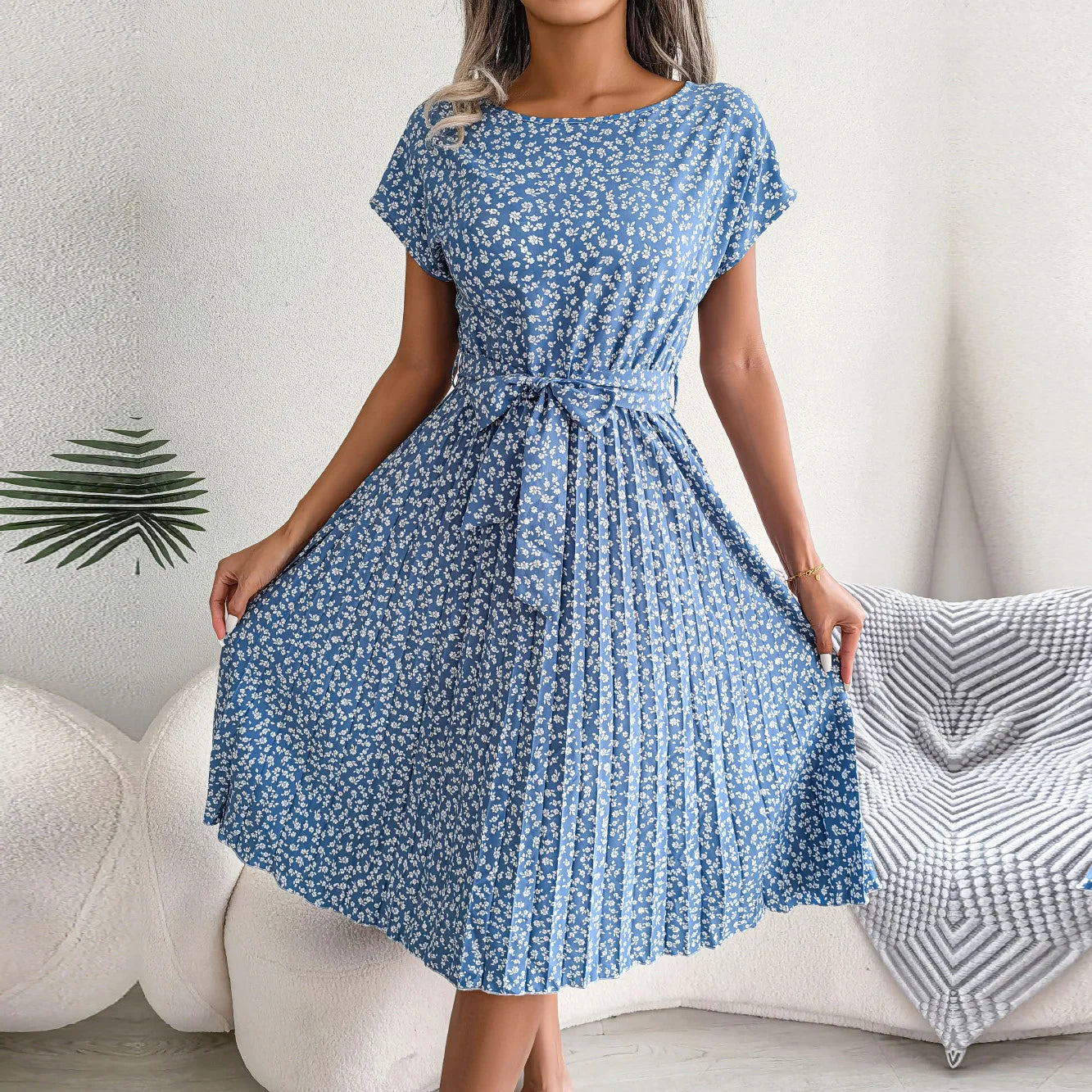 Ficusrong Fashion Floral Pleated A Line Long Dress Women Spring Summer Short Sleeve High Waist Chic Dress