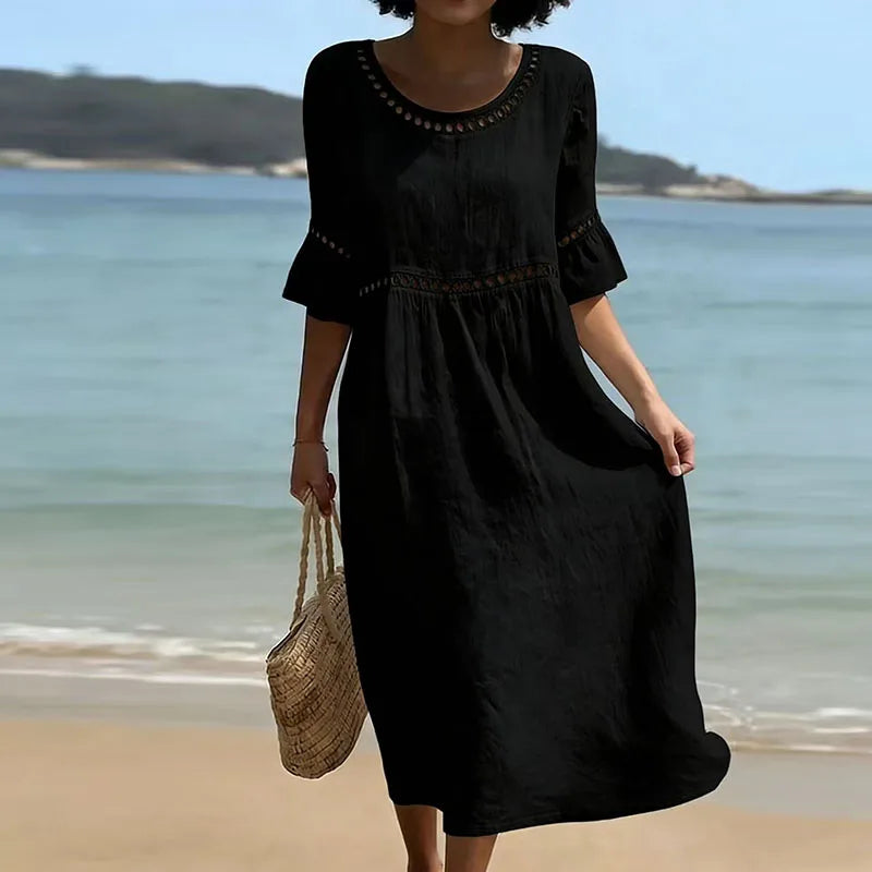 Summer Beach Vacation Dresses Women's Sexy O Neck High Waist Hollow A-Line Dress Spring Flare Sleeve Linen Vintage Dress Vestido