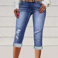 Ripped Pocket Design Capris Denim Pants Women High Waist Slim Skinny Mid Calf Length Pants Leggings Jeans Summer Sexy