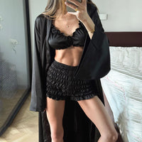 Hiloc Sexy Brown Ruched Camisole Pajama 3 Piece Set Loose Flare Sleeve Ankle-Length Robe Suits Sense Of Design Woman Shorts Sets