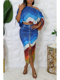 Geometric Print Short-Sleeve Ruffled Crop Top with Drawstring Split Midi Skirt 2-Piece Outfit