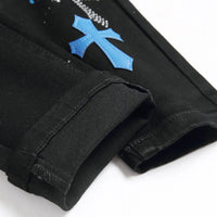 European Jeans With Distressed Patches, Black Trendy Elastic Slim Fit Leggings, Personalized Men's Pants