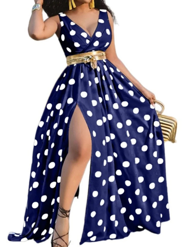 Wmstar Plus Size Dress Women Wholesale Deep V Neck Dot Print Long Dress with A Sexy Slit and A Big Swing,paired with A Belt