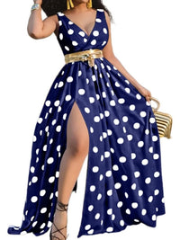 Wmstar Plus Size Dress Women Wholesale Deep V Neck Dot Print Long Dress with A Sexy Slit and A Big Swing,paired with A Belt