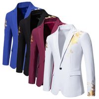 Metal-printed Men's Long-sleeved Suit Jacket, White V-neck Blazers, Wine Red Wedding Party Performance Coat.European Sizes M-3XL