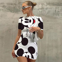 Disney Mickey Mouse Print Bodycon Dress - Women's Short Sleeve Club Party Dress