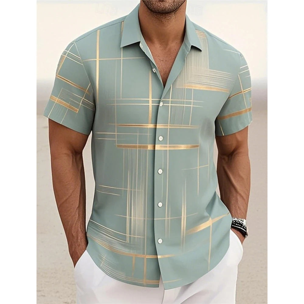 Men's Geometric Plaid Button Shirt Casual Fashion Outdoor Vacation Street Trend Turndown Shirt 3D Printed Short Sleeve Shirts