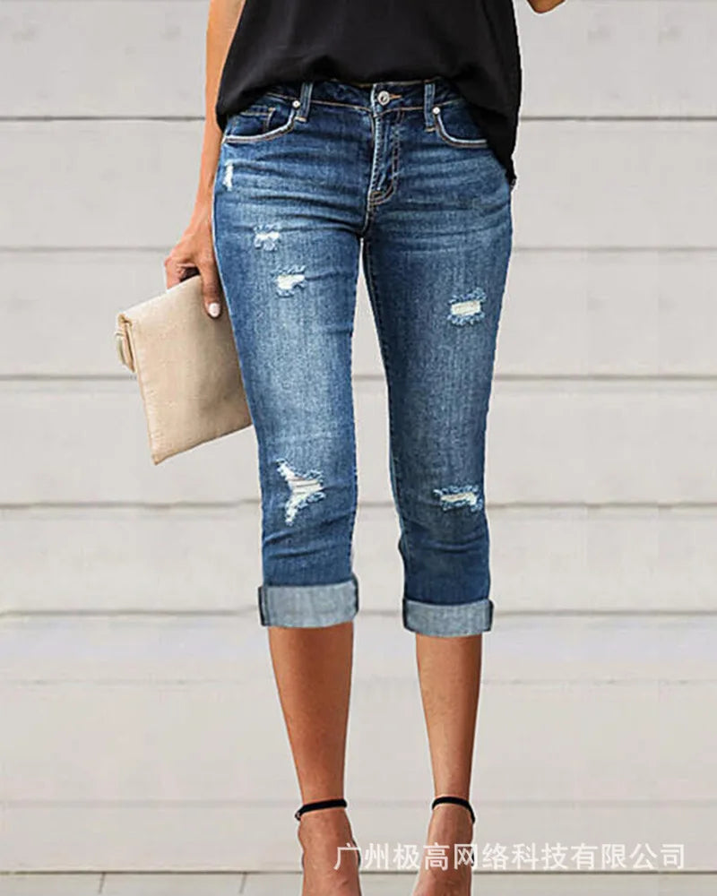 Low Waist Ripped Cutout Capris Jeans Women Sexy Slim Skinny Summer Spring Jeans Denim Pants