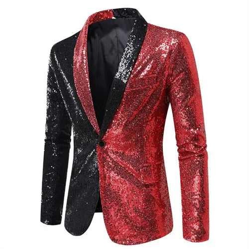 Shiny Sequin Men's Suit Jacket, Stage Performance Coat, White Silver Blue Red Purple Blazers V-neck Single Button S M L XL XXL