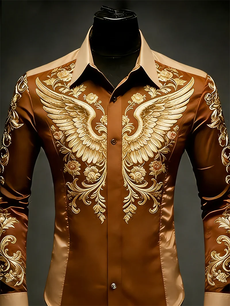 New 10 color men's long sleeved lapel shirt with fashionable 3D floral print and wing pattern long sleeved shirt