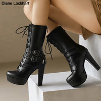 Women Punk Style Lace-Up Ankle Boots Belt Buckle Platform High Heels Short Boot Female White Autumn Winter Round Toe Shoes 2025
