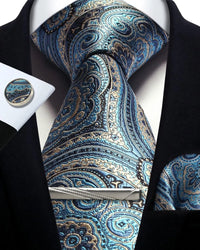 Mens Tie Set Silk Silver Paisley Floral Necktie and Pocket Square Cufflinks Tie Clip Classic Formal Ties for Men Wedding Party
