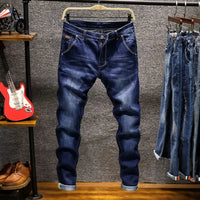 American Elastic Straight Jeans Men Ripped Worn-out Slim-fit Cotton Denim Pants Korean Style Fashion Blue Black Men's Clothing