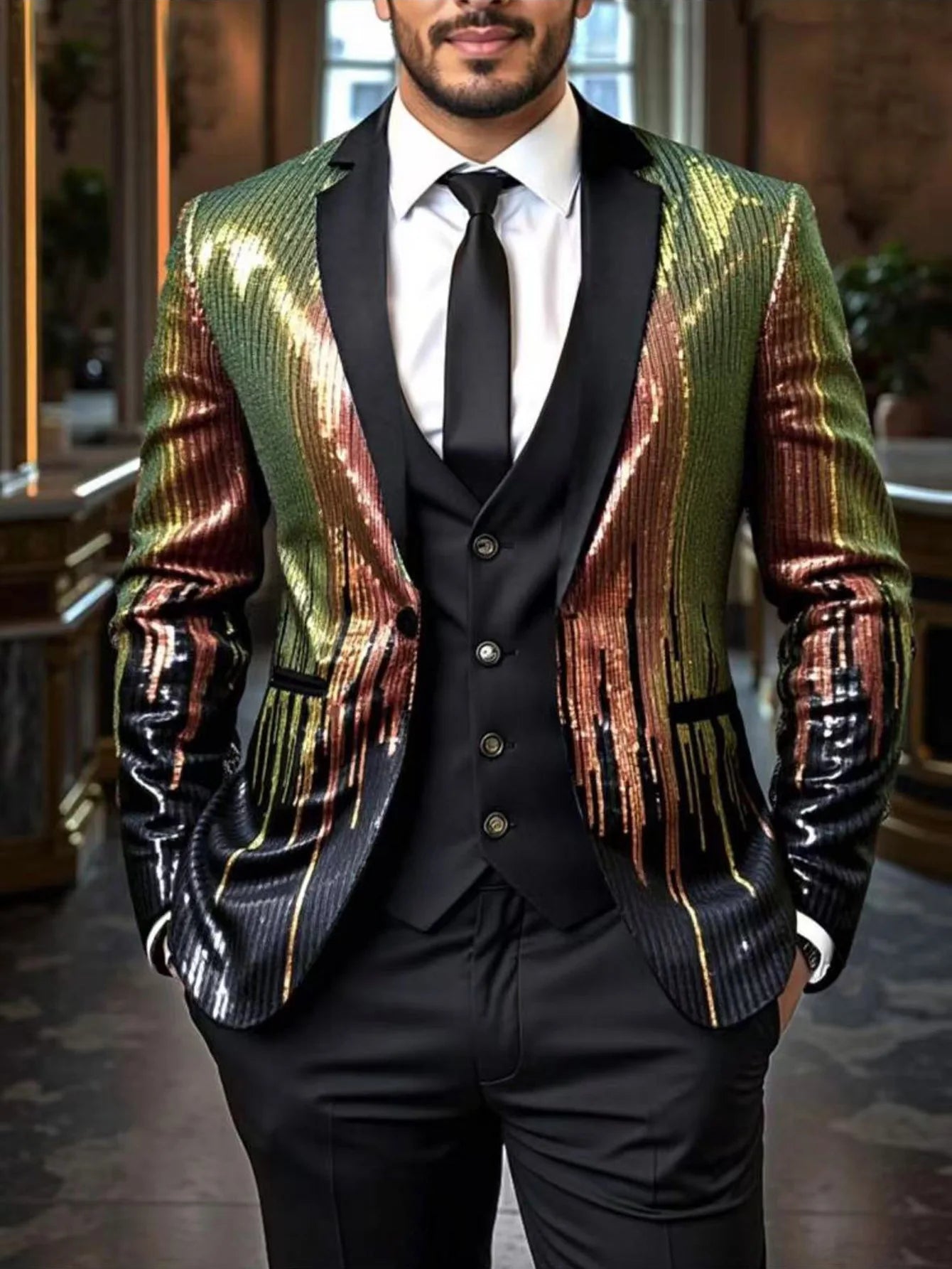 Shiny Sequin Tuxedo Jacket for Men - Royal Blue & Gold Gradient, Black Lapel, Formal Party/Wedding/Stage Wear‌ Coat.