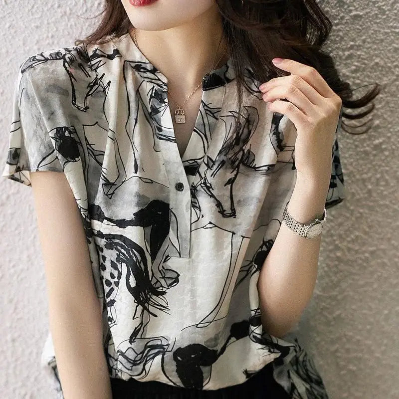 Spring and Autumn Shirts & Blouses for Women with Print Chiffon Short Sleeve Tunic 2025 Pretty S New Woman Top Korea Stylish Xl
