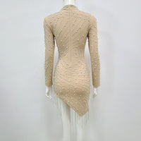 High Quality Celebrity Nude Long Sleeve Beading Bodycon Dress Elegant Club Party Dress Vestidos