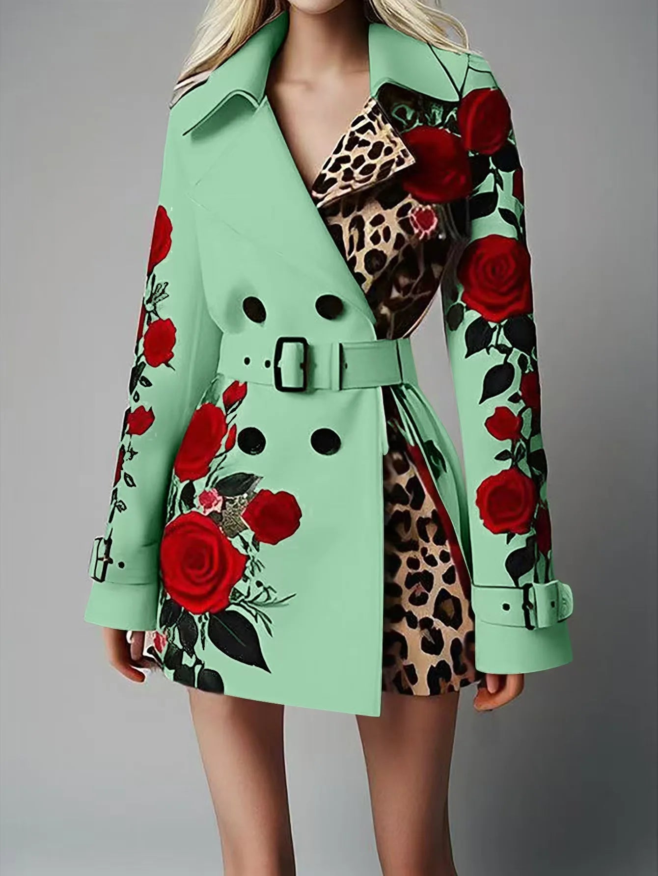 Women New Long Sleeve Floral Flower Printed Office Coat Double Button Belt Lapel Collar High Waist Jacket
