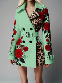Women New Long Sleeve Floral Flower Printed Office Coat Double Button Belt Lapel Collar High Waist Jacket