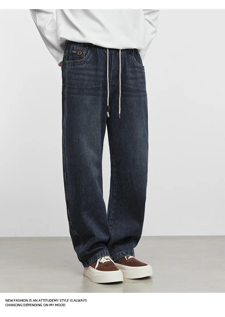 Fashion Men's Straight Jeans 2025 Autumn New Elastic Waist Retro Distressed Washed Jeans Men's Straight Casual Pants