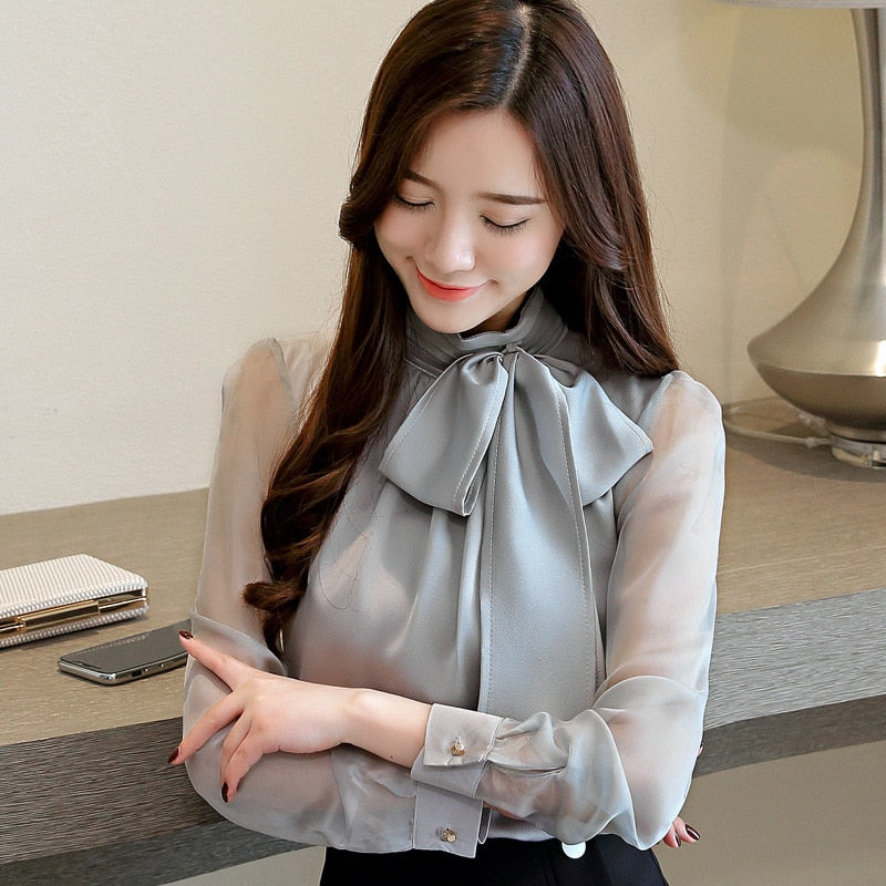 Autmun long sleeve shirt women fashion womens tops and blouses 2022 solid bow stand collar office blouses women blusas clothes