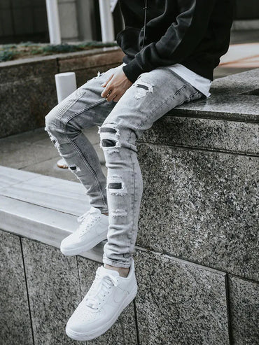 Men's Skinny Ripped Jeans Streetwear Fashion Beggar Patch Men Pencil Pants Grey/Blue Slim Denim Trousers Casual Jeans for Men