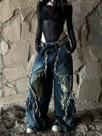 Women Black Gothic Cargo Jeans Harajuku Y2k Japanese 2000s Style Aesthetic Emo Denim Trousers Jean Pants Vintage Trashy Clothes