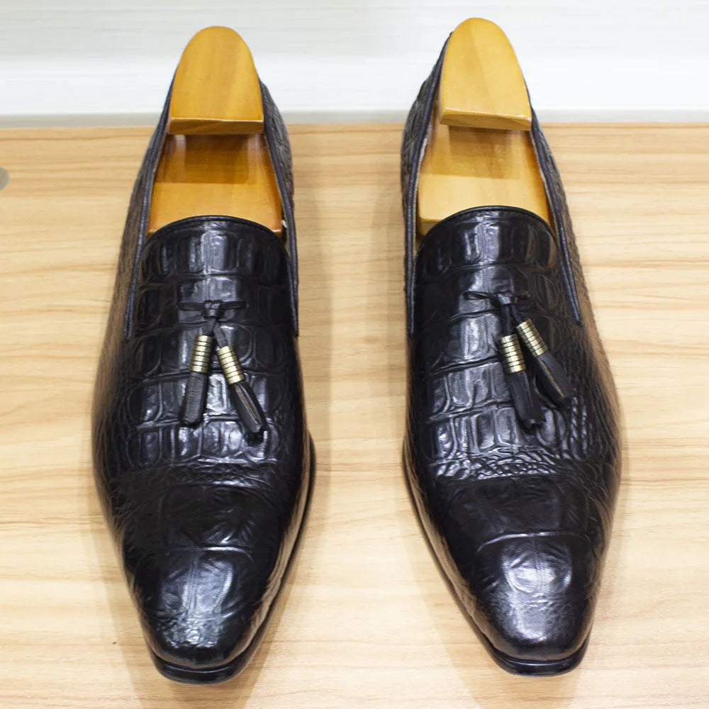 New Italian Handmade Business Casual Men Casual Shoes Pointed Leather Suede Tassel Loafers Crocodile Pattern Trendy Men's Shoes