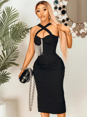 Women Summer Sexy Key Hole Diamonds Tassel Crystal Midi Black Bodycon Bandage Dress 2023 Elegant Evening Party Dress Vestido