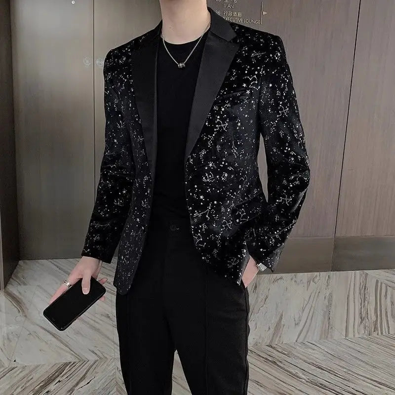 Black Male Blazer High Quality Single Models Menswear Coat Elegant Original Gentleman Simple Breasted Sequin Men's Suit Jackets