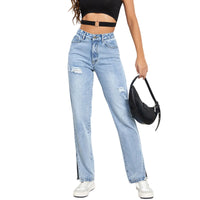 Washed Ripped Jeans Women Four Seasons New Fashion Personality To Do Old Denim High Waist Straight Comfortable Wide Leg Pants ﻿