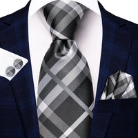 Hi-Tie Designer Silk Wedding Tie For Men Blue White Plaid Handky Cufflink Set Fashion Necktie For Men Business Party Wholesale