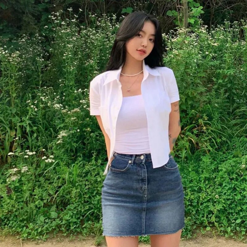 Deeptown Women White Blouse Basic Short Sleeve Crop Shirts Korean Fashion Preppy Style Work Wear Sexy Office Look Summer Tops