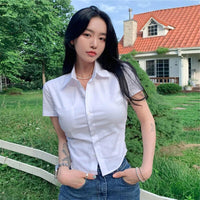 Deeptown Women White Blouse Basic Short Sleeve Crop Shirts Korean Fashion Preppy Style Work Wear Sexy Office Look Summer Tops