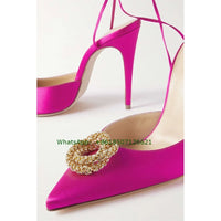 Crystal-Embellished Satin Rose Red Ankle Cross Strap Pumps Pointed Toe Slingback Wedding Banquet Women High Heels