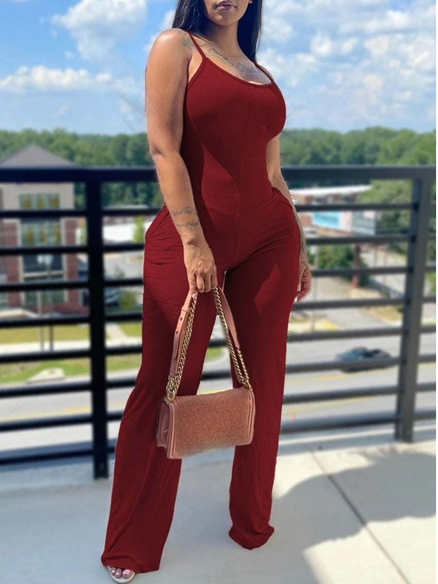 LW BASICS Wide Leg Cami Jumpsuit Casual skinny Jumpsuit Women Summer Solid Straps Wide Leg Pants Sleeveless sexy Jumpsuits