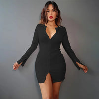 Pure Color Zipper Dress Street Style Basic Length Midi round Neck Long Sleeve Polyester Fiber Spring Season Fashion Trend