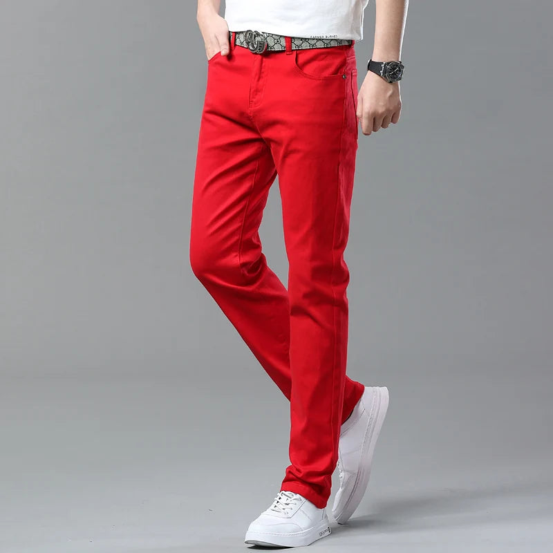 New High Quality Men's Trend Yellow Red White Jeans 2024 Spring Autumn Male High Waist Casual Pants Classic Brand Denim Trousers