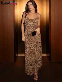 Mooyufon Leopard Print Dress Woman Summer Sexy Swing Collar Spaghetti Straps Backless Ruffles Party Clubwear Skinny Vestidos