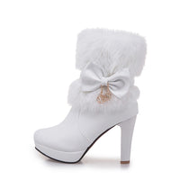 2025 Winter Womens Fashion High Heel Boots Pink White Black Fur Tassel Bowtie Lovely Lolita Ladies Party Wedding Shoes size32-43