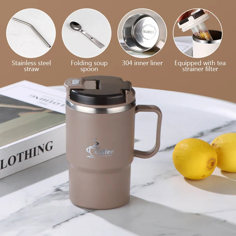 550ml Insulated Coffee Mug 304 Stainless Steel Tea Coffee Cup with Lid Spoon Tea Strainer Portable Bottle Cup For Office Travel