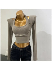 Women's Design Sexy Halter Fake Two Piece Top Metal Button Slim Long Sleeve T-shirt 2023 Spring Summer New  футболки
