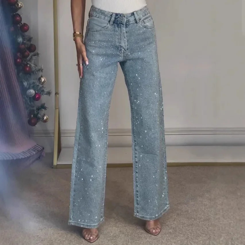 Women's full diamond washed denim jeans women's high-end high waisted straight leg pants spicy pants