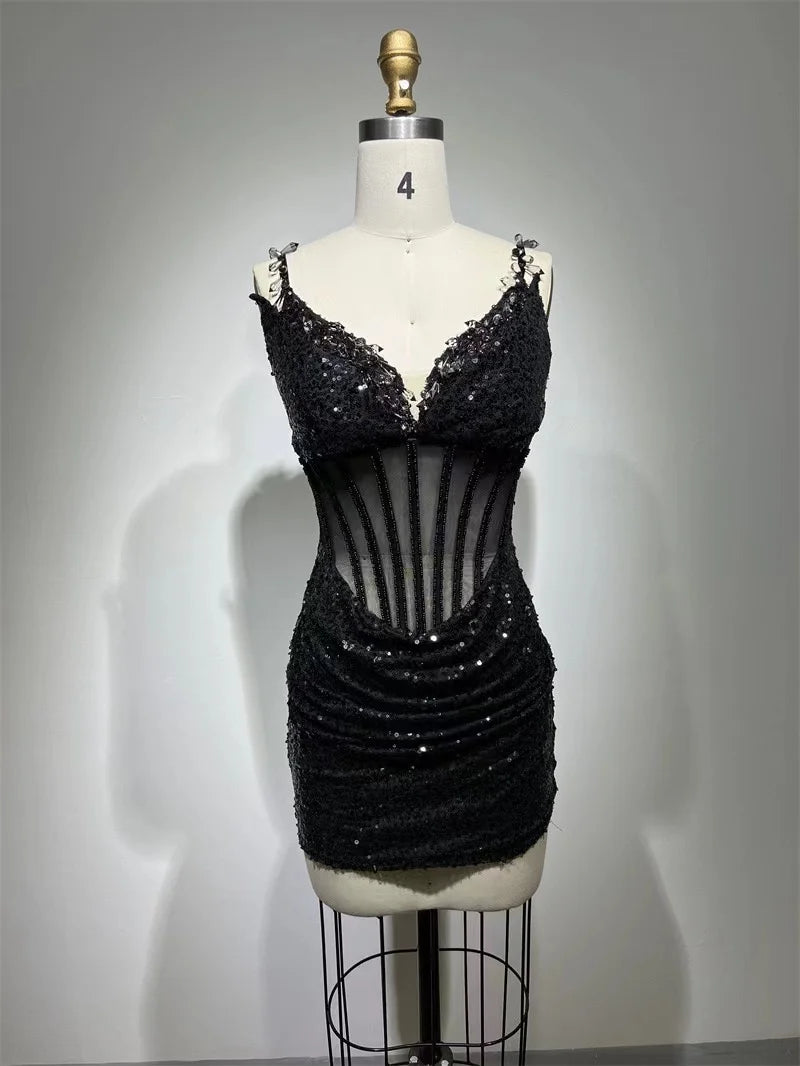 Black Color Women Sleeveless Sexy V-Neck Bodycon Mini Sequins Dress Nightclub Party Celebrate Fashion Birthday Dress