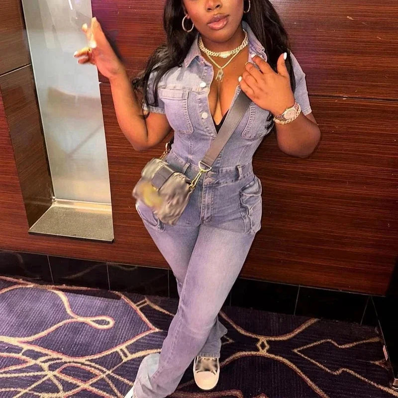 FAGADOER Blue Denim Jumpsuits Women Fashion Short Sleeve Lapel Cargo Pocket Stretchy Bodycon One Pieces Jeans Overall Streetwear
