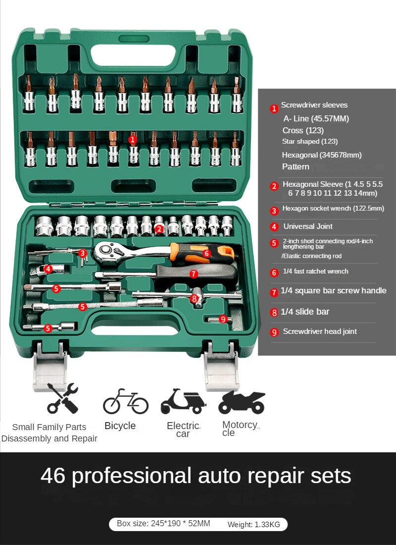 Professional Auto Repair Toolbox Kit Socket Wrench Ratchet Combination Complete Set of Multifunctional Tools and Accessories