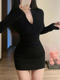 Long Sleeve Dresses for Women Black Sexy Club Bodycon Mini Dress Y2k High Waist Ladies Korean Short Dress Basic Autumn Winter